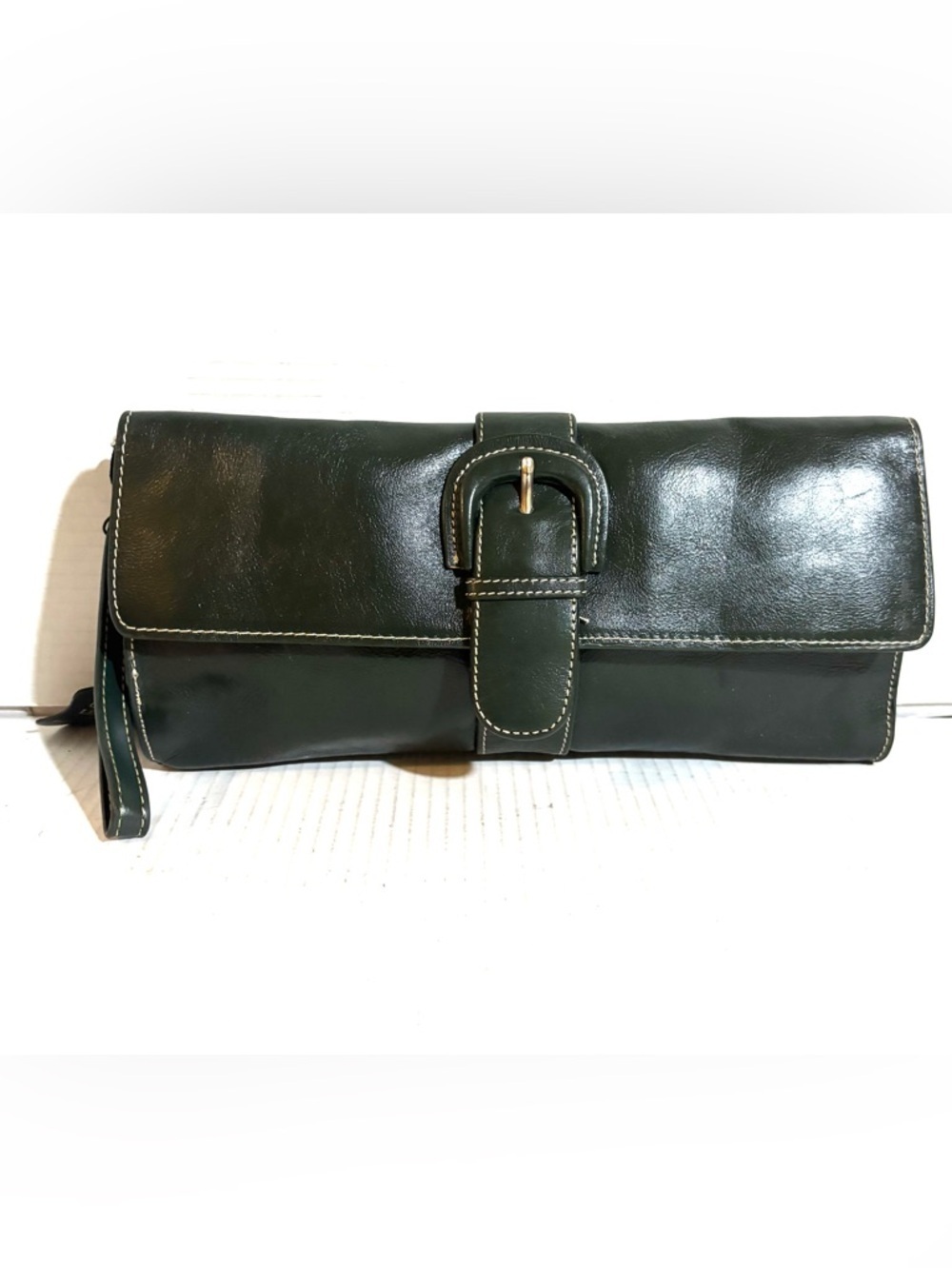 Dark Green Leather clutch wristlet with Buckle Closure